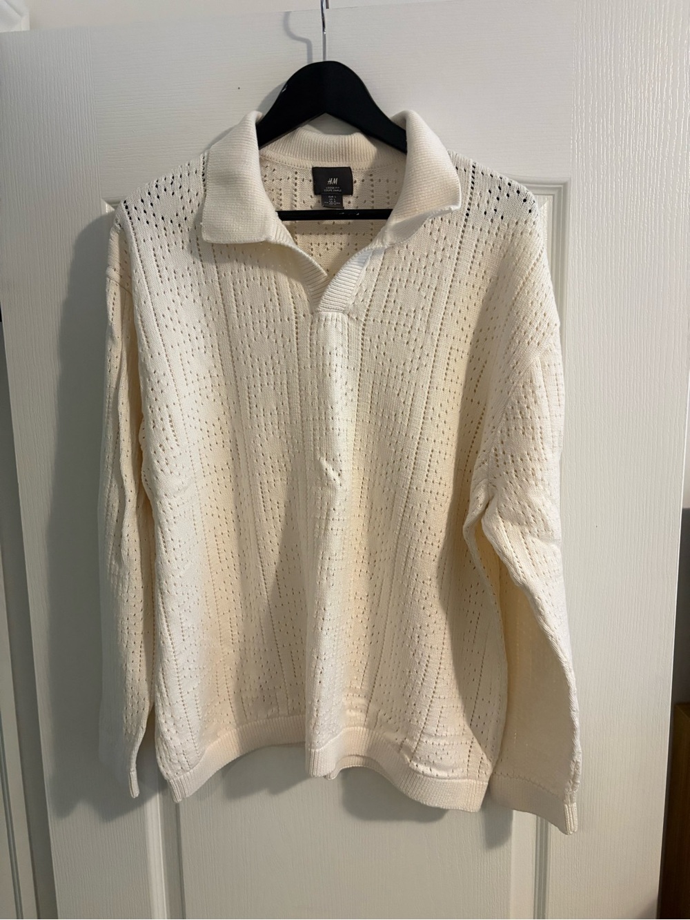 H&M Men's Cream Pointelle Zip-Neck Polo Sweater